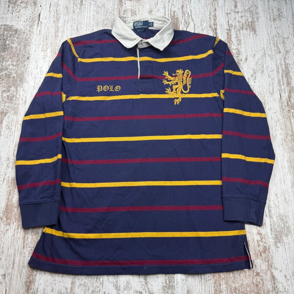 VTG Polo Ralph Lauren Rugby Shirt Mens Large Custom Fit Navy Striped Lion Crest - Picture 2 of 9